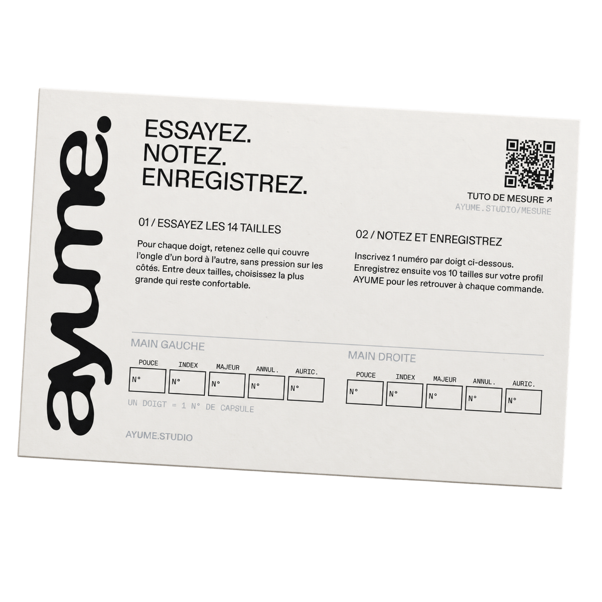 Verso du kit de mesure Classique ayume. : consignes et tableau des dix numéros de largeur