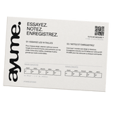 Verso du kit de mesure Classique ayume. : consignes et tableau des dix numéros de largeur